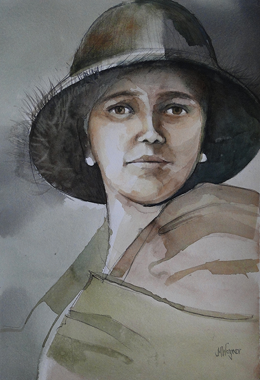 Kobieta w kapeluszu (Akwarela z kredką)